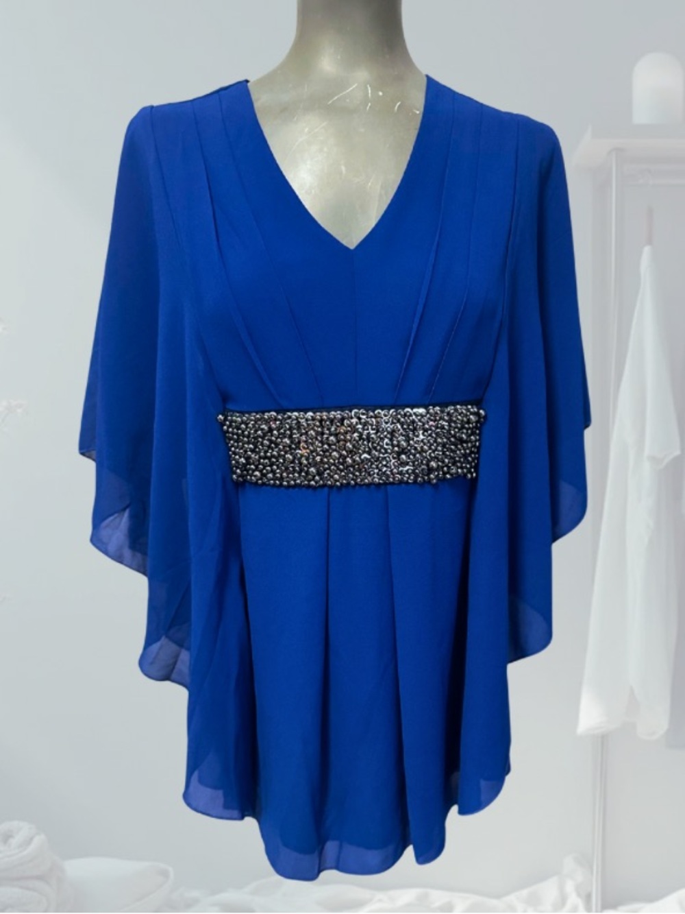 NWT - Elegant V-Neck Beaded Waist Flutter Sleeve Top - Blue